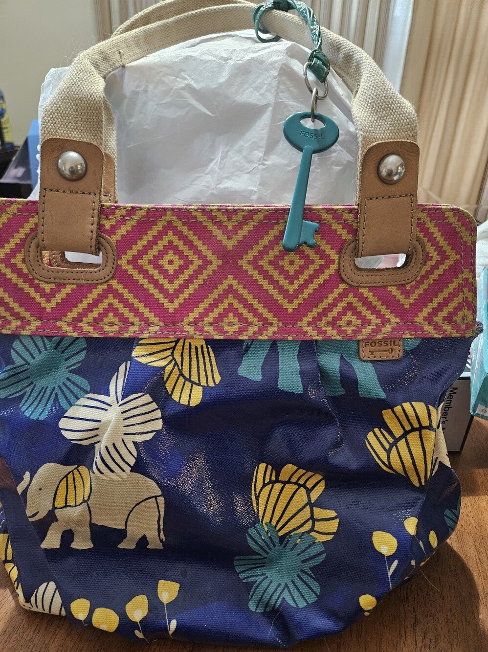Fossil Navy Floral & Pink Geometric Canvas Tote with Teal Key Charm
